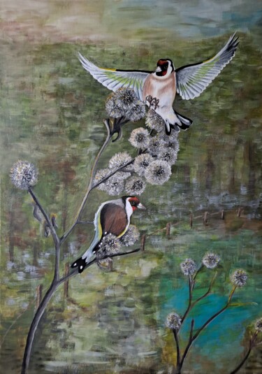 Malarstwo zatytułowany „Goldfinches (Szczyg…” autorstwa Tomasz Krzysztof Nowak, Oryginalna praca, Akryl