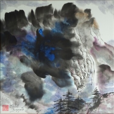 绘画 标题为“Falaises bleutées” 由Muriel Besnard, 原创艺术品, 墨 安装在木质担架架上