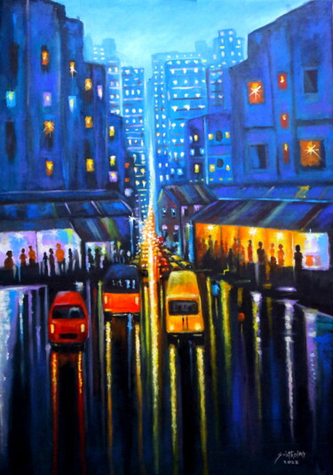 Malarstwo zatytułowany „Night in Lekki Lagos” autorstwa Olaoluwa Smith, Oryginalna praca, Akryl