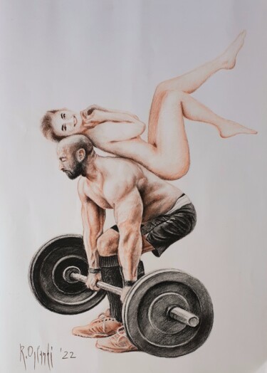 Drawing titled "sollevamento pesi" by Roberto Orlandi, Original Artwork, Pencil