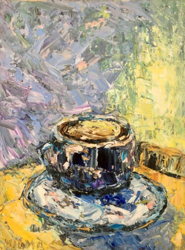 Coffee Cup Impasto Oil Painting On Canvas Original Signed Pintura titulada "Coffee Cup Impasto…" por Vilma Gataveckiene, Obra de arte original, Oleo