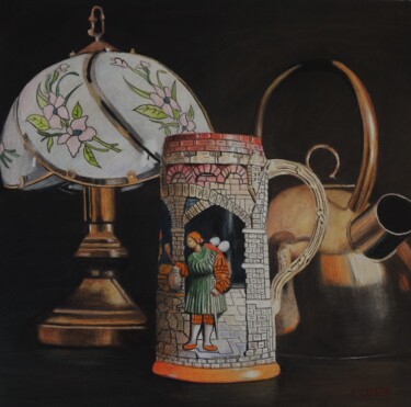 Drawing titled "Chope, lampe et thé…" by Patrick Casado, Original Artwork, Pencil