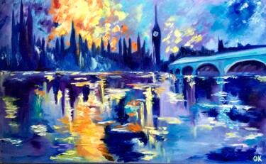London Evening. River Thames. Sunset. Painting titled "London Evening. Riv…" by Olga Koval, Original Artwork, Oil Mounted on Wood Stretcher frame