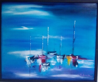 Schilderij getiteld "escale colorée" door Claudie Thedevuide, Origineel Kunstwerk, Olie Gemonteerd op Frame voor houten bran…