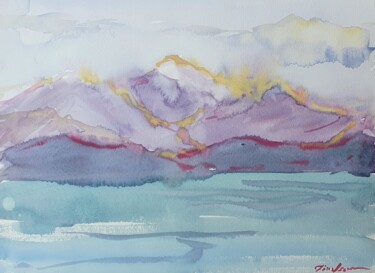 Winter seascape: green tourquoise - mountains, horizon, calm 绘画 标题为“Winter seascape: gr…” 由Dina Aseeva, 原创艺术品, 水彩