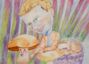 AQUARELLE originale de Grosse tête cueilleur de champignons Peinture intitulée "AQUARELLE originale…" par Isabelle Redonnet, Œuvre d'art originale, Aquarelle