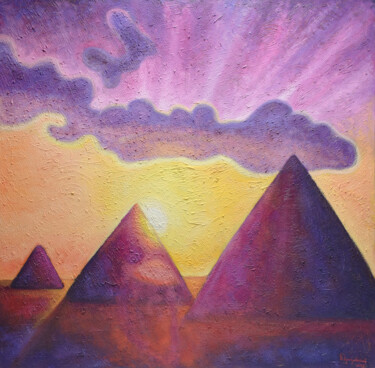 「The Great Pyramids」というタイトルの絵画 Boris Suboticによって, オリジナルのアートワーク, オイル ウッドストレッチャーフレームにマウント