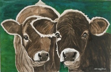 Painting titled "TETES DE VEAUX" by Michel Cendra-Terrassa, Original Artwork, Watercolor Mounted on Wood Stretcher frame