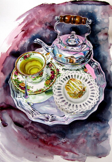 Still life with tea set Painting titled "Still life with tea…" by Anna Brigitta Kovacs (KAB), Original Artwork, Watercolor