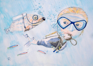AQUARELLE originale: Grosse tête plongeuse sous-marine Peinture intitulée "AQUARELLE originale…" par Isabelle Redonnet, Œuvre d'art originale, Aquarelle