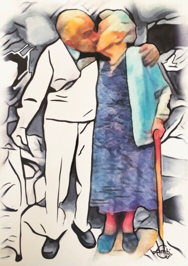 Malerei mit dem Titel "Tendre baiser" von Hervé Lamb', Original-Kunstwerk, Aquarell Auf Karton montiert