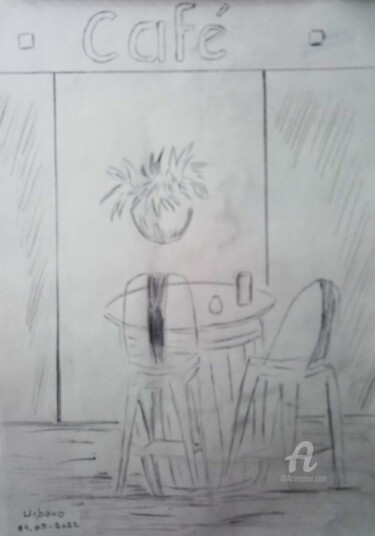 Drawing titled "Café l' Univers" by Roberto Urbano, Original Artwork, Pencil