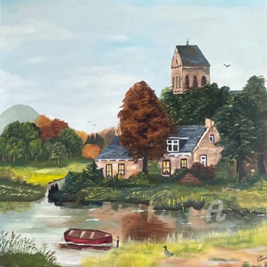 Peinture intitulée "Village au bord de…" par Marie-Ange Fileni, Œuvre d'art originale, Huile
