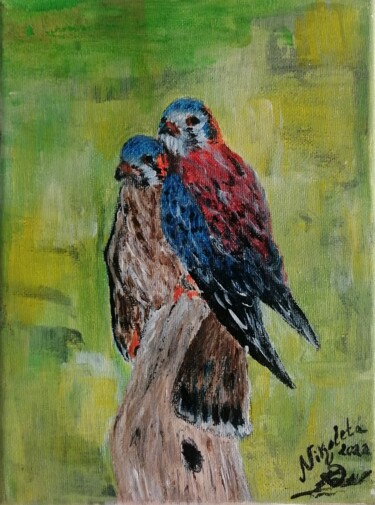 Painting titled "Deux oiseaux" by Dochka Docheva, Original Artwork, Acrylic Mounted on Wood Stretcher frame