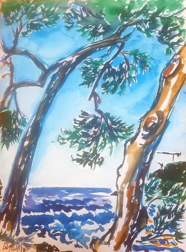 Painting titled "Deux pins à la poin…" by Diane Medus, Original Artwork, Watercolor