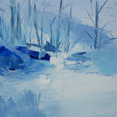 Painting titled "Cascade en sous-bois" by Anne-Marie Petit, Original Artwork, Oil Mounted on Wood Stretcher frame