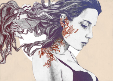 Watney's Option red blue | woman portrait with doodles 「Watney's Option red…」というタイトルの描画 Marco Paludetによって, オリジナルのアートワーク, 鉛筆