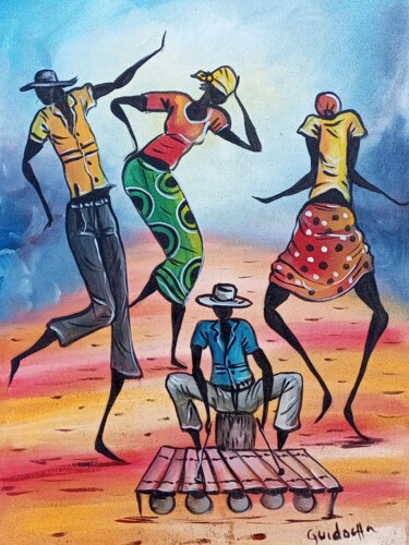 Marimba music, African player and dancers Schilderij getiteld "Marimba music, Afri…" door Jafeth Moiane, Origineel Kunstwerk, Acryl