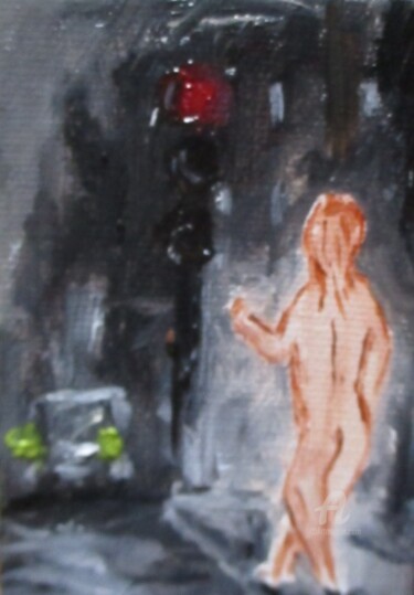 Painting titled "Nue dans la ville" by Roberto Urbano, Original Artwork, Oil Mounted on Wood Stretcher frame