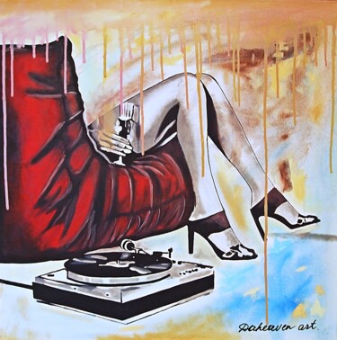 Schilderij getiteld "Vinyl." door Daheaven Art, Origineel Kunstwerk, Olie Gemonteerd op Frame voor houten brancard