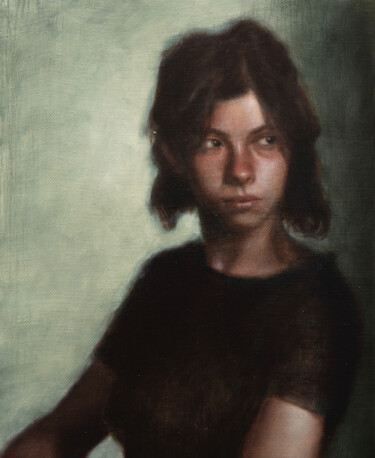 Painting titled "Taciturn in green" by Joaquín Maximiliano Martínez, Original Artwork, Oil