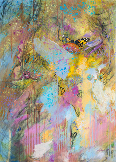 Wiese und Schmetterlinge | Acryl Kohle Graphit auf Leinwand Peinture intitulée "Wiese und Schmetter…" par Uwe Fehrmann, Œuvre d'art originale, Acrylique Monté sur Châssis en bois