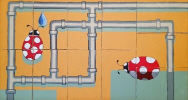 La ruée vers l'eau . ( Polyptyque ). Peinture intitulée "La ruée vers l'eau…" par Bertrand Jost, Œuvre d'art originale, Acrylique Monté sur Carton