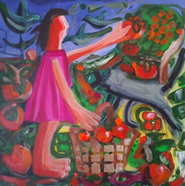 Painting titled "Apanhando dióspiros…" by Vitor Pisco, Original Artwork, Acrylic