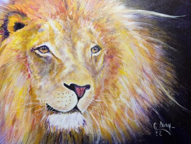 「Observateur - LION…」というタイトルの絵画 Marie-Noelle Chaunyによって, オリジナルのアートワーク, アクリル ウッドストレッチャーフレームにマウント