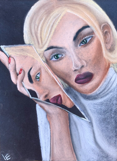 Narcissus - blond woman and mirror black Рисунок под названием "Narcissus - blond w…" - Elena Polak, Подлинное произведение искусства, Пастель