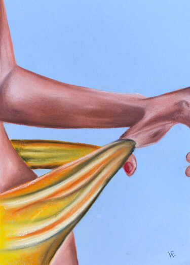 Sexy painting lady in yellow bikini Рисунок под названием "Sexy painting lady…" - Elena Polak, Подлинное произведение искусства, Пастель