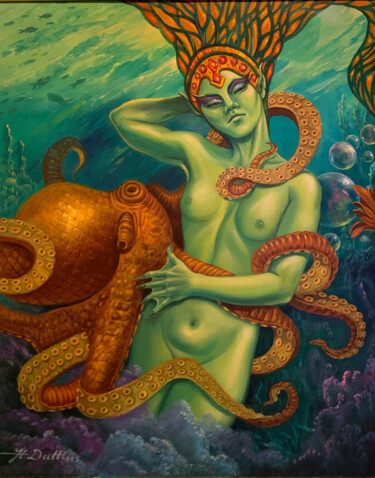 Malerei mit dem Titel "Oktopus Küsse" von Herbert Duttler, Original-Kunstwerk, Öl Auf Keilrahmen aus Holz montiert