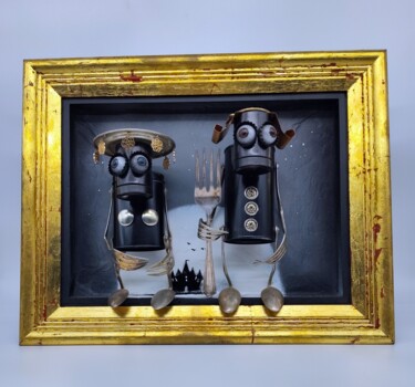 Sculpture intitulée "2 black bots sculpt…" par Branimir Misic, Œuvre d'art originale, Métaux Monté sur Panneau de bois