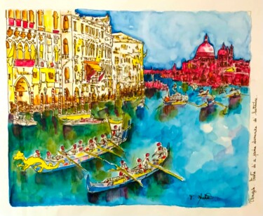 Peinture intitulée ""Joute sur le canal…" par Françoise Marchetti, Œuvre d'art originale, Aquarelle