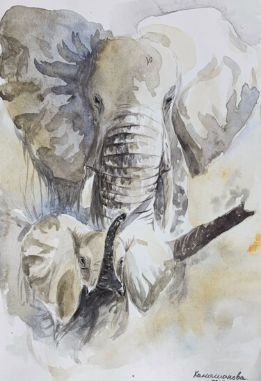 Peinture intitulée "elephants" par Daria Kamishanova, Œuvre d'art originale, Aquarelle