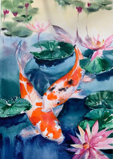 King carps in lotuses Malerei mit dem Titel "King carps in lotus…" von Ira Popovych, Original-Kunstwerk, Aquarell