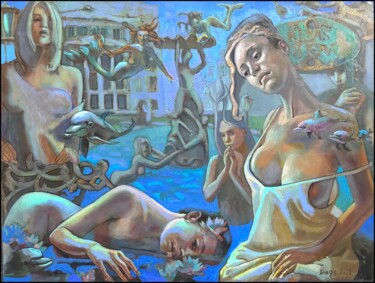 SINKING OF RIGA UNDER WATER. RIGA MERMAIDS Painting titled "SINKING OF RIGA UND…" by Dags, Original Artwork, Oil