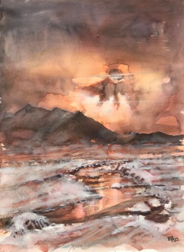 Painting titled "Nuit polaire" by Emilian Alexianu, Original Artwork, Watercolor
