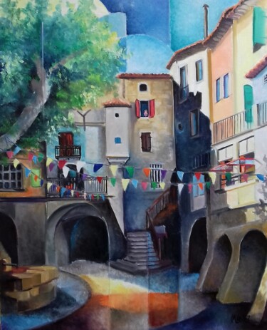 Peinture intitulée "Place du marché à S…" par Martine Woellet, Œuvre d'art originale, Huile Monté sur Châssis en bois
