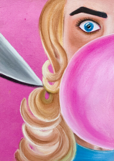 Blonde lady with bubble gum - sexy art Рисунок под названием "Blonde lady with bu…" - Elena Polak, Подлинное произведение искусства, Пастель