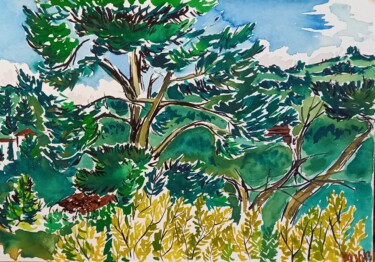 Grand pin au Plateau de la Justice, 3 mars 2013 Pintura intitulada "Grand pin au Platea…" por Diane Medus, Obras de arte originais, Aquarela