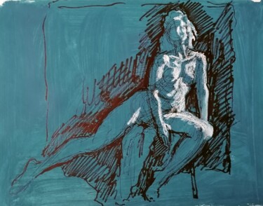 图画 标题为“Female Nude In Blue.” 由Liam Ryan, 原创艺术品, 标记