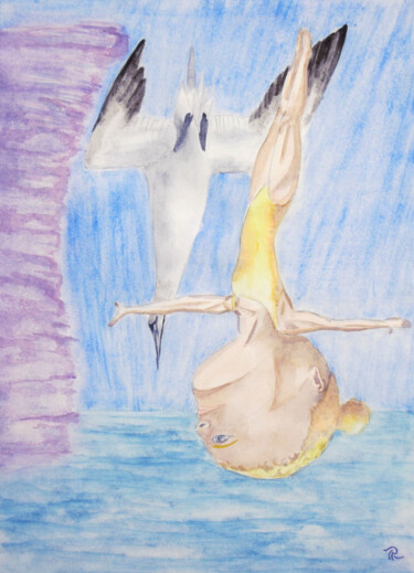 AQUARELLE intitulée: Grosse tête plongeuse de haut-vol Peinture intitulée "AQUARELLE intitulée…" par Isabelle Redonnet, Œuvre d'art originale, Aquarelle