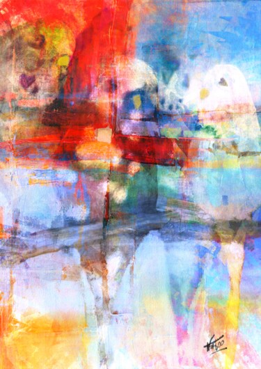 Digital Arts titled "Les oiseaux" by Natoo, Original Artwork, Digital Painting Mounted on Wood Stretcher frame