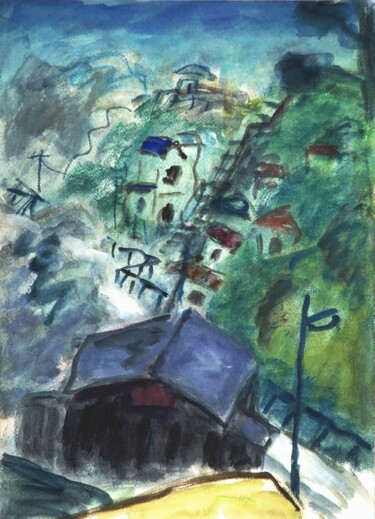 Painting titled "Japanese landscape" by Terushige Matsumoto, Original Artwork, Gouache