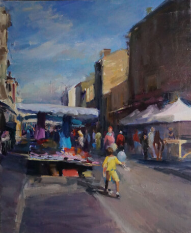 Peinture intitulée "Marché dans ma rue" par Manuel Leonardi, Œuvre d'art originale, Huile