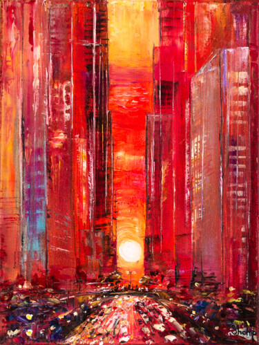 New York. Orange Sunset Pintura titulada "New York. Orange Su…" por Natalia Shchipakina, Obra de arte original, Oleo Montado en Bastidor de camilla…