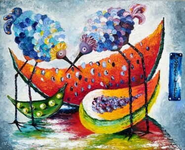 Watermelon and strange birds. Peinture intitulée "Watermelon and stra…" par Svetlana Samsonova, Œuvre d'art originale, Huile