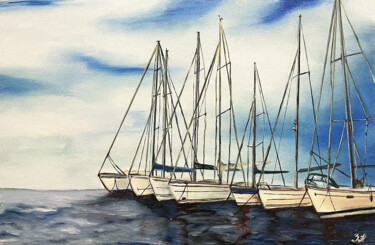 Boat yacht bay oil painting Peinture intitulée "Boat yacht bay oil…" par Nataliia Zablotskaya, Œuvre d'art originale, Huile Monté sur Châssis en bois