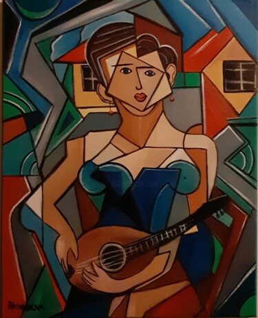 绘画 标题为“Fille avec guitare” 由Olena Blinnikova, 原创艺术品, 油 安装在木质担架架上